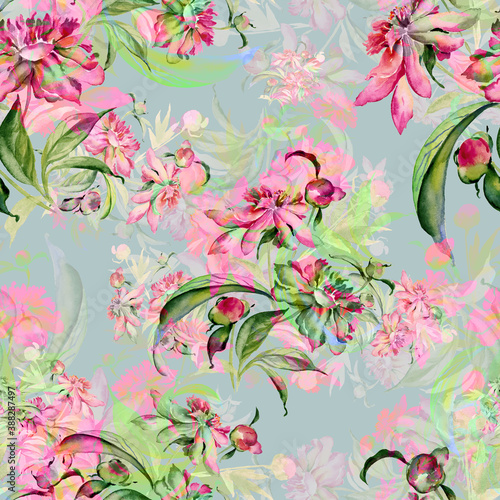 Seamless pattern delicate bouquet of peonies with buds