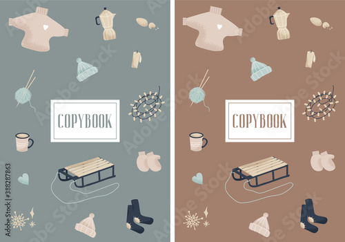 Hello winter. Set of gentle vector flat covers for copybook with cozy winter elements. Covers in two colors for winter holidays. Background with place for text for banners, posters. Winter copybook.