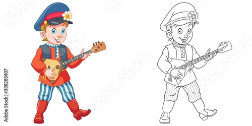 Coloring page with boy playing balalaika. Line art drawing for kids activity coloring book. Colorful clip art. Vector illustration.