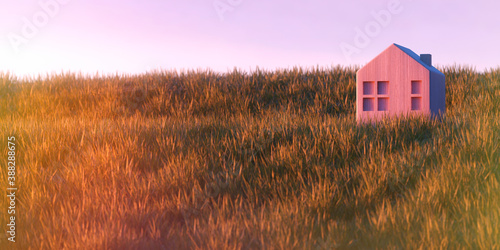 Fototapeta Naklejka Na Ścianę i Meble -  夕暮れの草原に置かれた木製住宅の3Dグラフィックス ハウジング・建築・不動産のコンセプトイメージ