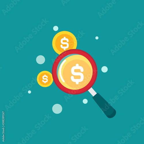 red magnifier glass with golden dollar coins. Catch, hunt, chase money symbol.