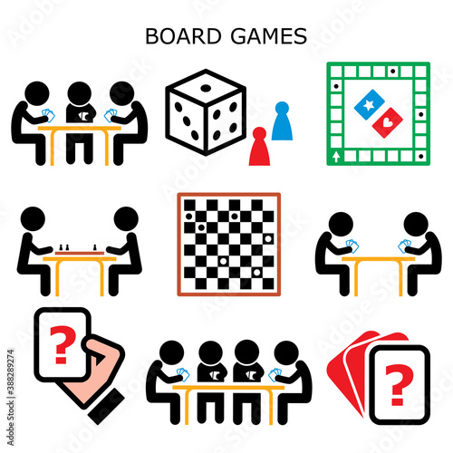 Board games, people playing cards and chess or draughts at the table vector color icons set, fun activity while staying at home with friends and family

