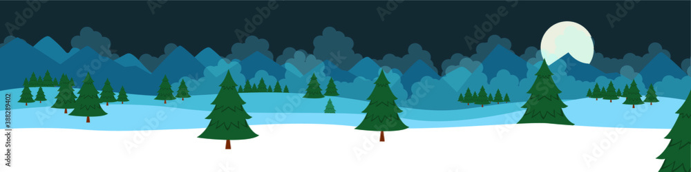 Winter Mountains landscape with pines and hills. Winter snowy mountains landscape. Vector illustration for christmas and new year. 