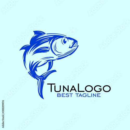 smart blue tuna fish logo, for fishing company or club, vector illustrations