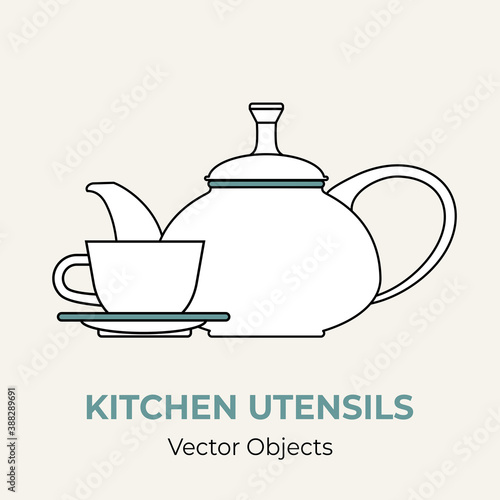 Tea cup pot saucer simple form vector illustration. Vector line illustration isolated logo icon cafe menu banner flayer. Dishware logo coffee shop. Cup demitasse coffee mug teapot isolated background