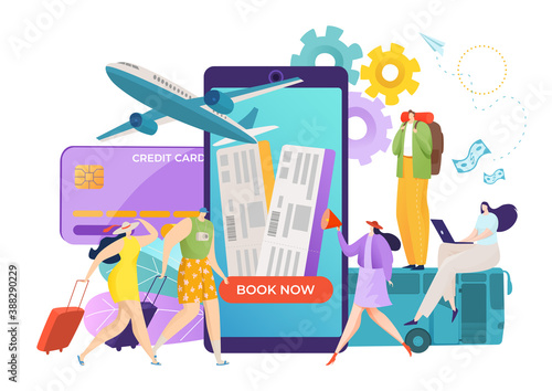 Online flight travel service in smartphone, vector illustration. Flat mobile plane ticket in internet technology app phone. Airplane journey trip reservation concept. People buy ticket design.
