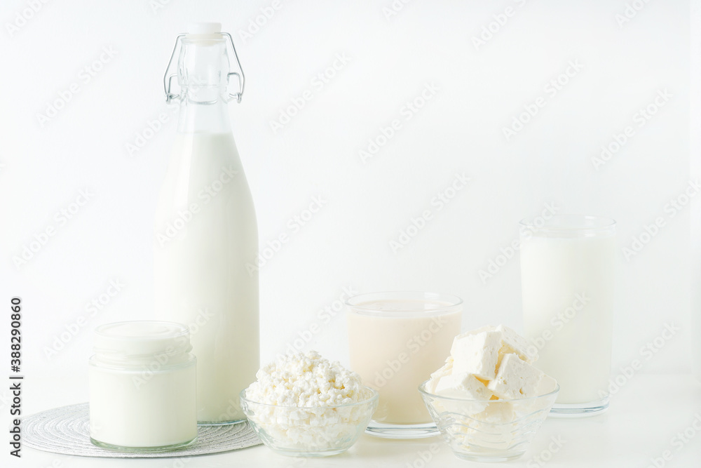 Different milk products: milk, cheese and yoghurt