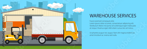 Warehouse and transport services banner ,warehouse with forklift truck and lorry on the background of the city, unloading or loading of goods, vector illustration