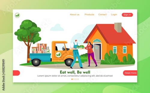 Delivery eco shop, online landing grocery service for vegetable product vector illustration. Customer shopping choose, store truck at site page. Company courier and client near house.