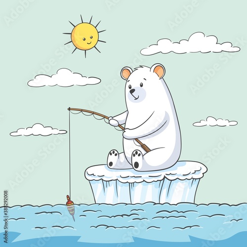 Polar bear at fishing. Hand drawn vector illustration with separate layers.