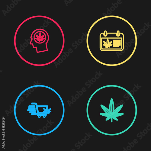 Set line Shopping cart with marijuana, Marijuana or cannabis leaf, Calendar and and Head profile icon. Vector.