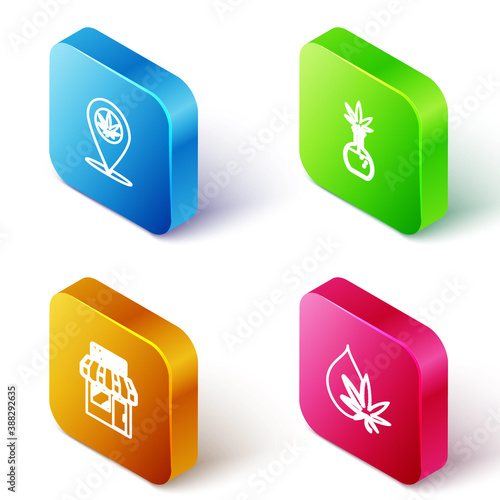 Set Isometric line Location and marijuana, Test tube with, Marijuana cannabis store and leaf oil icon. Vector.