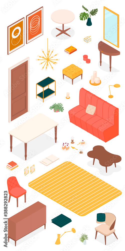 Set of isometric furniture and accessories. Vector collection. Illustration in flat design.
