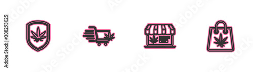 Set line Shield and marijuana, Online buying, Shopping cart with and bag of icon. Vector.