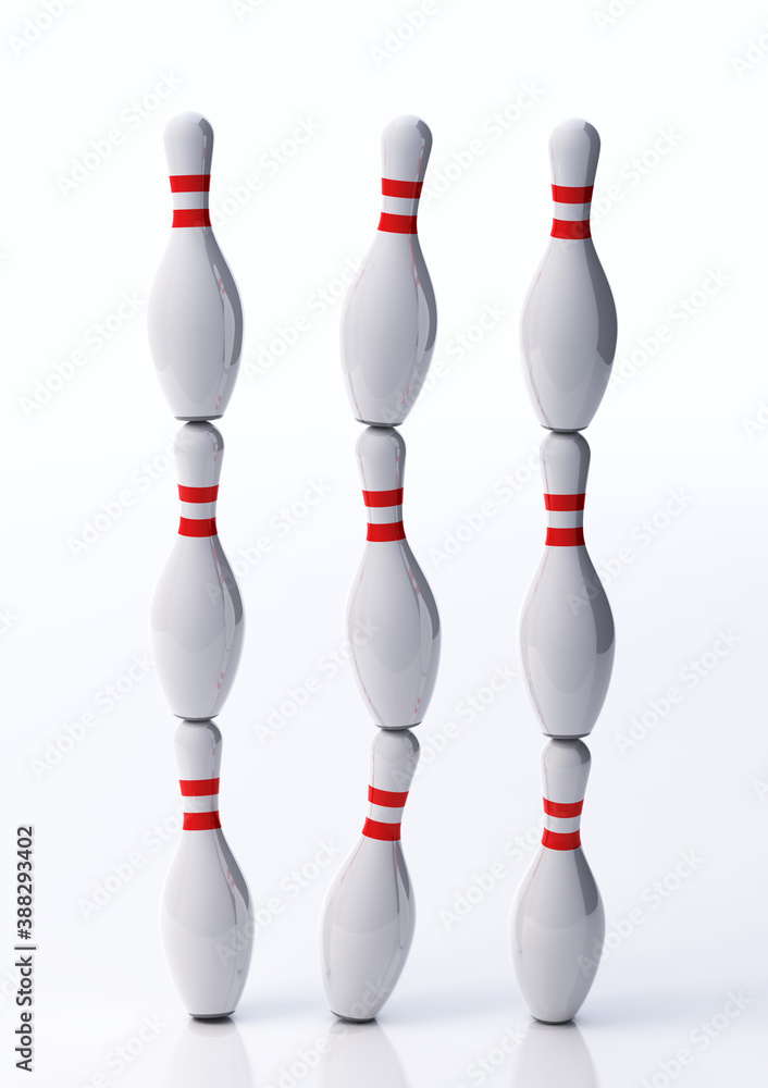 Bowling pins balancing on each other on bright white background. 3D illustration. Bowling pins balancing on each other on bright white background. 3D illustration.