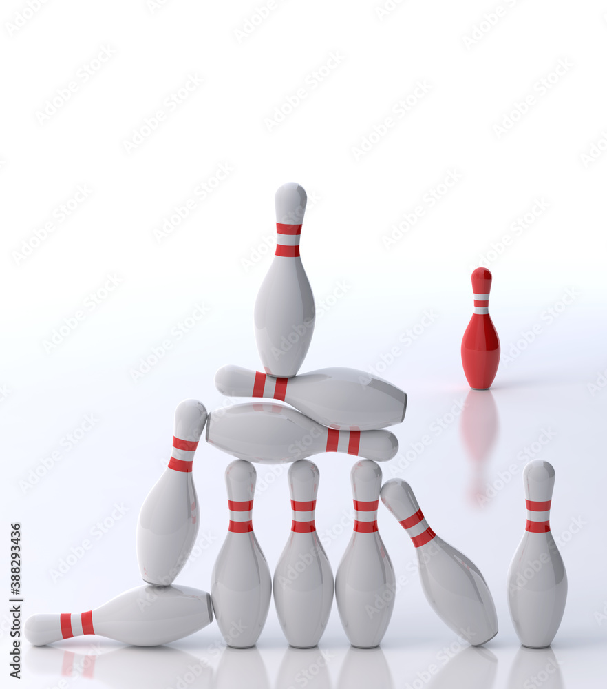 Bowling pins balancing on each other on bright white background. One red pin alone in the background. 3D illustration.