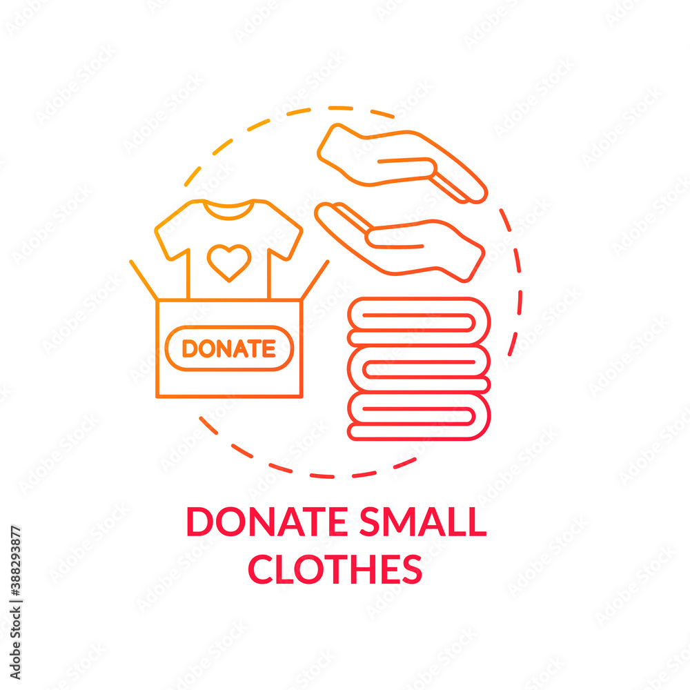 Donate small clothes concept icon. Body positivity tips. Giveaway old things you do not need at all. Waste reducing idea thin line illustration. Vector isolated outline RGB color drawing Donate small clothes concept icon. Body positivity tips. Giveaway old things you do not need at all. Waste reducing idea thin line illustration. Vector isolated outline RGB color drawing