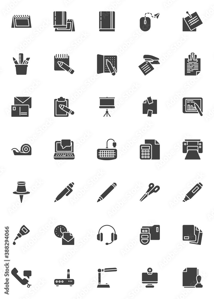 Office supplies vector icons set, modern solid symbol collection, filled style pictogram pack. Signs logo illustration. Set includes icons as calendar, notebook, note paper, laptop computer, desk lamp