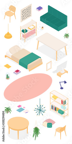 Fototapeta Naklejka Na Ścianę i Meble -  Set of isometric furniture and accessories. Vector collection. Illustration in flat design.

