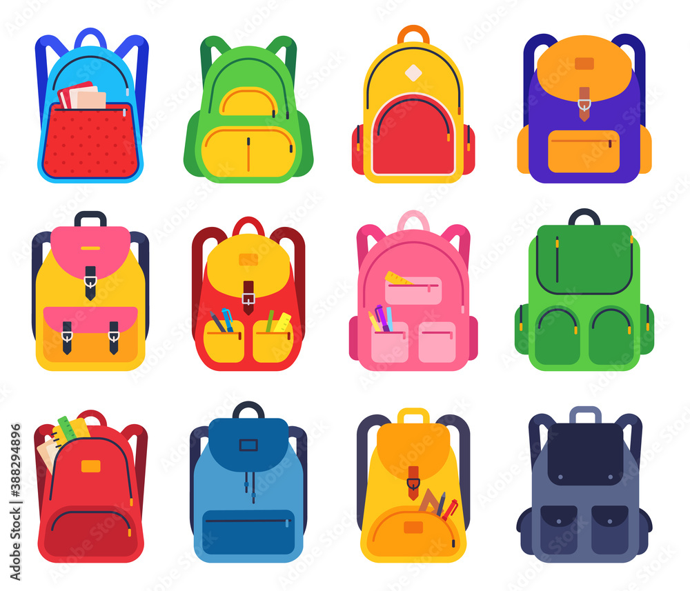 School backpack. Color schoolbags zipper and pockets with stationery supplies for students, rucksacks for traveling, study flat vector set. School bag and luggage, pack and backpack illustration School backpack. Color schoolbags zipper and pockets with stationery supplies for students, rucksacks for traveling, study flat vector set. School bag and luggage, pack and backpack illustration