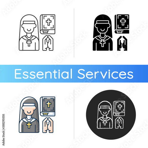 Clergy icon. Spiritual leaders. Religious duties. Church. Formal leaders within established religions. Specific rituals. Linear black and RGB color styles. Isolated vector illustrations