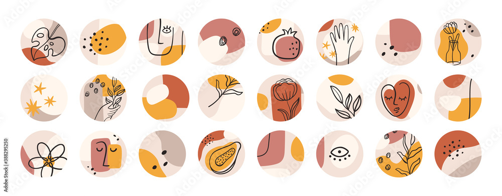 Abstract highlight covers. Contemporary shapes and minimalist line woman face. Round icons for bloggers social media stories, vector set. Highlight fashion lifestyle, flower contemporary round stories Abstract highlight covers. Contemporary shapes and minimalist line woman face. Round icons for bloggers social media stories, vector set. Highlight fashion lifestyle, flower contemporary round stories