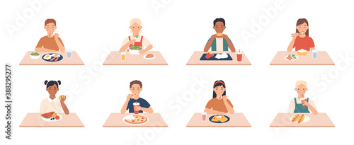 Kids eat. Boys, girls group eating meals and drinks at table, enjoying breakfast, lunch children vector character. Dinner sitting people, breakfast enjoying fast food and other meal illustration