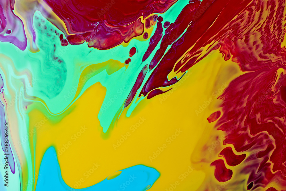 Multicolored bright abstract background. Make up concept.Beautiful stains of liquid nail laquers.Fluid art,pour painting technique.Horizontal banner,can be used as backdrop for chat.