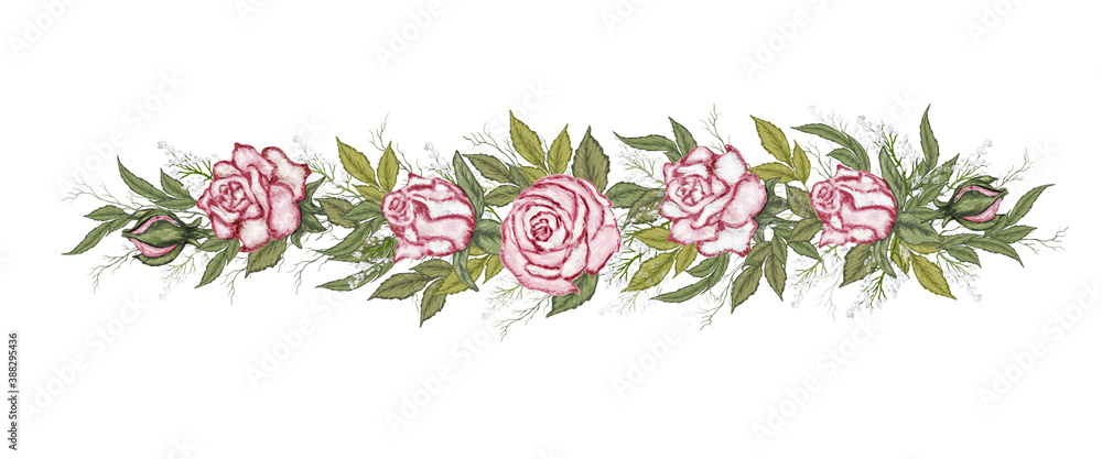 romantic decorative element made of pink roses, leaves. realistic flowers isolated on a white background. for invitations, postcards, holidays, your ideas. vintage style.