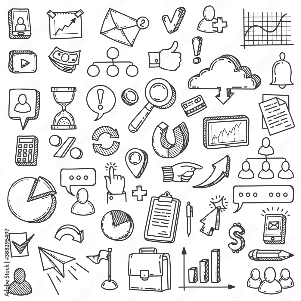 Obraz premium Digital marketing doodle. Media market business internet management. Blog communication startup team innovation presentation vector set. Illustration digital marketing icons sketch