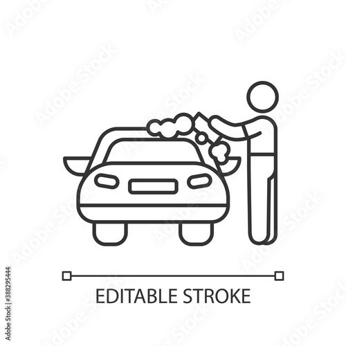 Car washer linear icon. Washing and polishing car interiors and exterior. Applying soap solution. Thin line customizable illustration. Contour symbol. Vector isolated outline drawing. Editable stroke