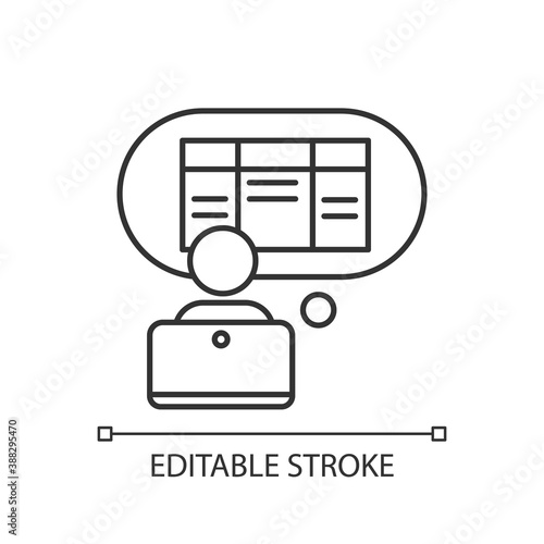 Data entry clerk linear icon. Administrative professional. Clerical tasks. Keyboarding skills. Thin line customizable illustration. Contour symbol. Vector isolated outline drawing. Editable stroke