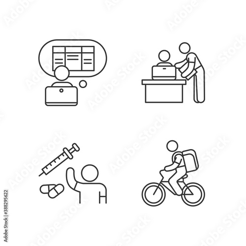 Part-time jobs linear icons set. Data entry clerk. Personal assistant. Clinical trial volunteer. Customizable thin line contour symbols. Isolated vector outline illustrations. Editable stroke