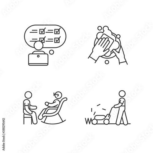 First-time jobs linear icons set. Online survey participant. Dishwasher. Lawn mower. Nursing home. Customizable thin line contour symbols. Isolated vector outline illustrations. Editable stroke