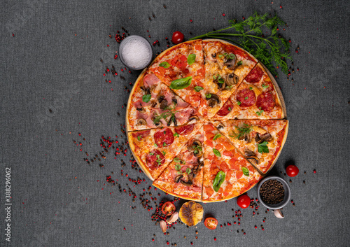 assorted pieces of pizza on white background photo