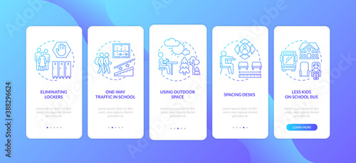 Covid school safety rules onboarding mobile app page screen with concepts. Eliminating lockers, spacing desks walkthrough 5 steps graphic instructions. UI vector template with RGB color illustrations