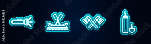 Set line Flashlight, Rafting boat, Crossed wooden axe and Thermos container. Glowing neon icon. Vector.