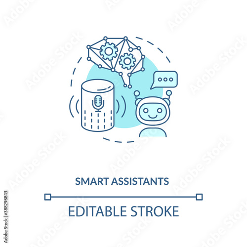 Smart assistants concept icon. Modern digital everyday helper device. Artificial brain. AI application idea thin line illustration. Vector isolated outline RGB color drawing. Editable stroke