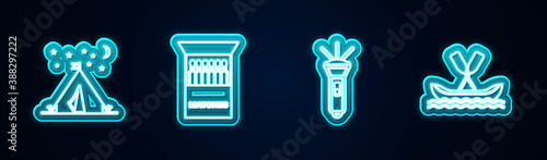 Set line Tourist tent with flag, Open matchbox and matches, Flashlight and Rafting boat. Glowing neon icon. Vector.
