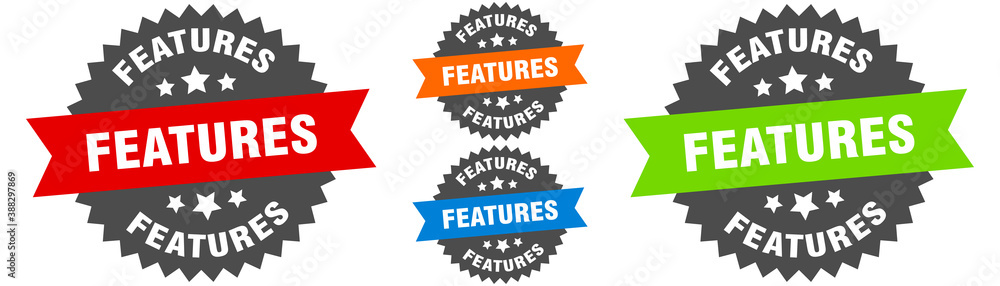 features sign. round ribbon label set. Seal features sign. round ribbon label set. Seal