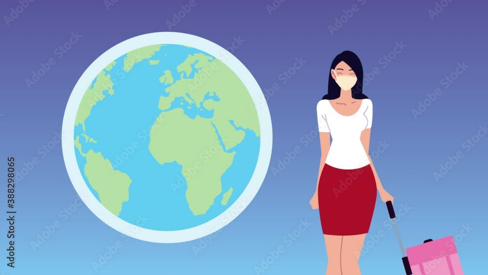 young traveler woman wearing medical mask with suitcase and earth planet young traveler woman wearing medical mask with suitcase and earth planet
