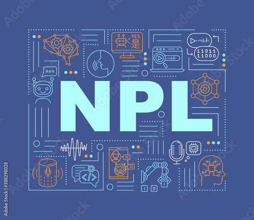 Natural language processing word concepts banner. Innovative robot technology. Infographics with linear icons on dark blue background. Isolated typography. Vector outline RGB color illustration