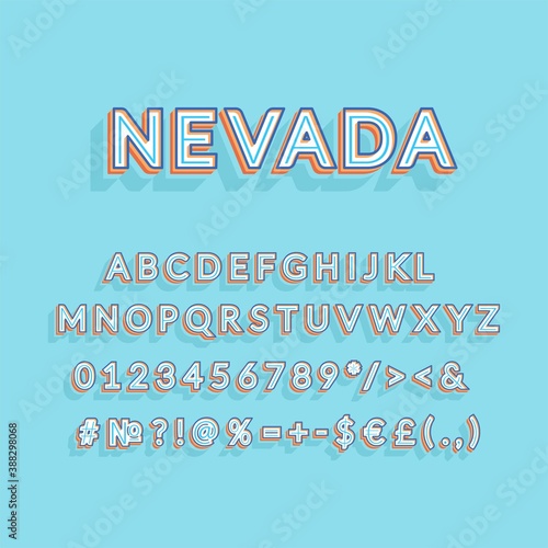 Nevada header vintage 3d vector alphabet set. Retro bold font, typeface. Pop art stylized lettering. Old school style letters, numbers, symbols pack. 90s, 80s creative typeset design template