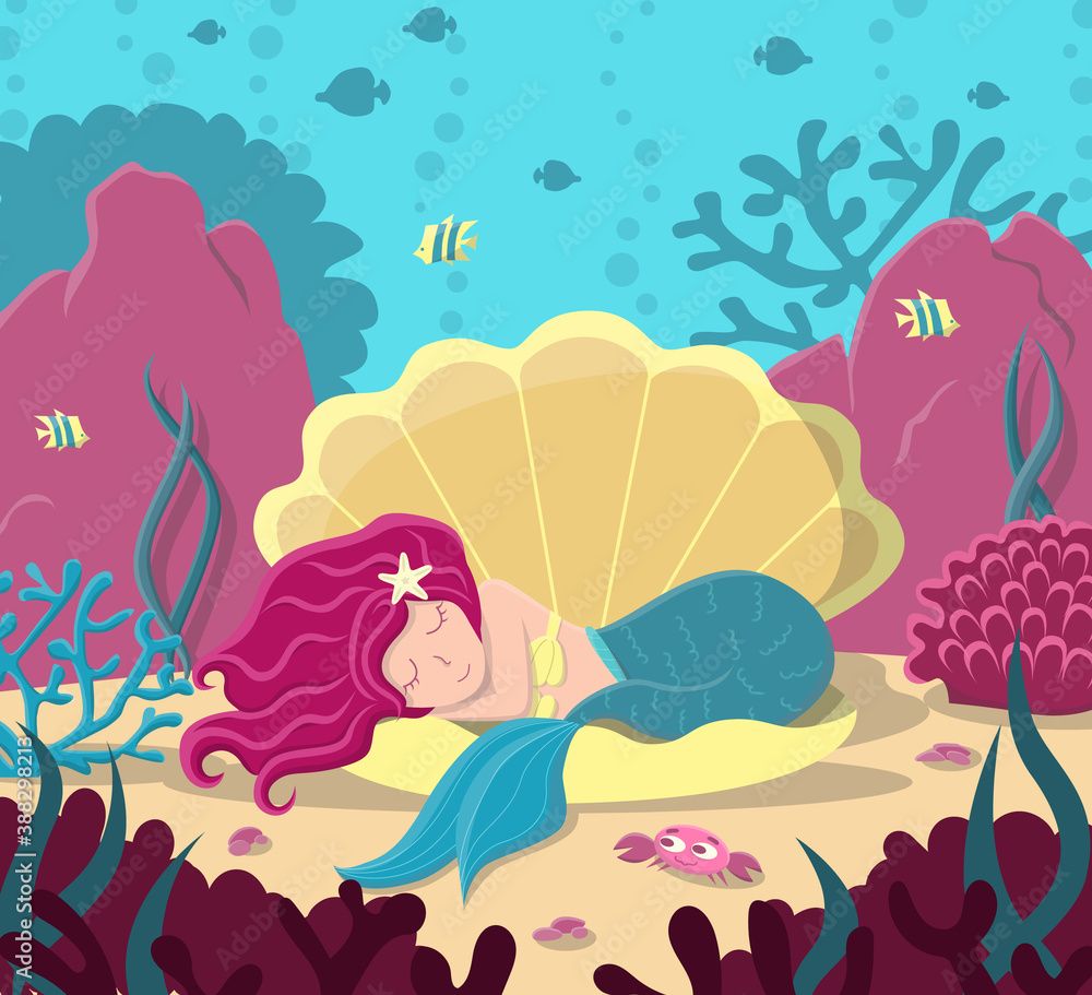 The little mermaid sleeps in a shell. The landscape of the seabed. The little mermaid sleeps in a shell. The landscape of the seabed.