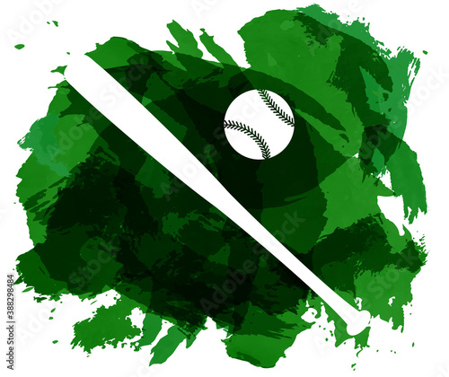 Abstract green watercolor splashes with baseball equipment silhouettes