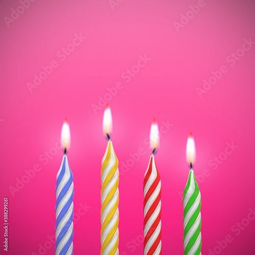 Four colorful birthday candles on pink background. 3D illustration.
