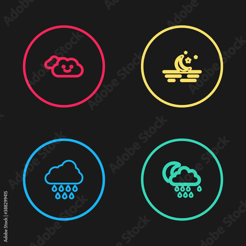 Set line Cloud with rain, and moon, Moon stars and icon. Vector.