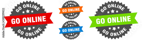 go online sign. round ribbon label set. Seal