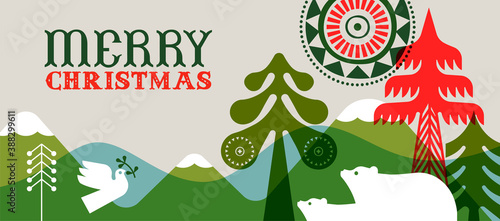 Christmas retro folk pine tree animal banner