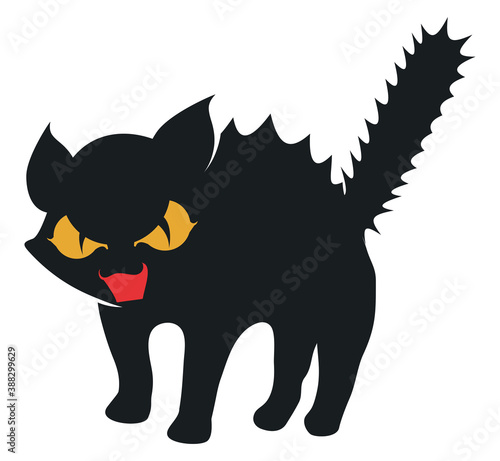 Isolated Black Frightened Kitty over White Background, Vector Illustration